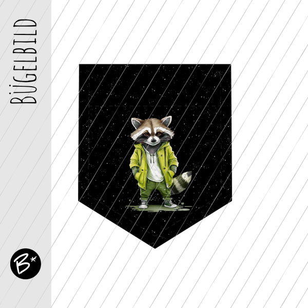 Bügelbild - " Tasche schwarz - RACOON  LIME  " - Höhe 9 cm